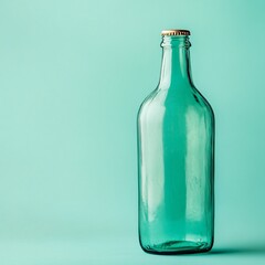 Empty green glass bottle on soft blue background product photography minimalist style studio environment close-up view