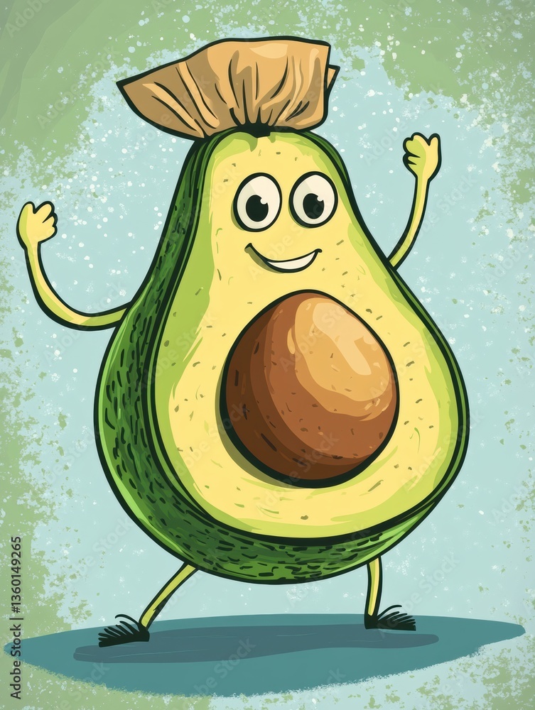 Poster a smiling cartoon avocado with exaggerated features happily carries a large grocery bag against a fu