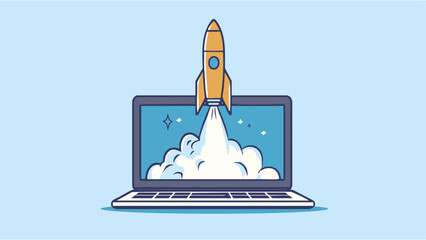 Dynamic Illustration Showcasing a Rocket Launching from a Laptop, Emphasizing Technology, Innovation, Startups, and Progress. Perfect Visual for Growth and Success.