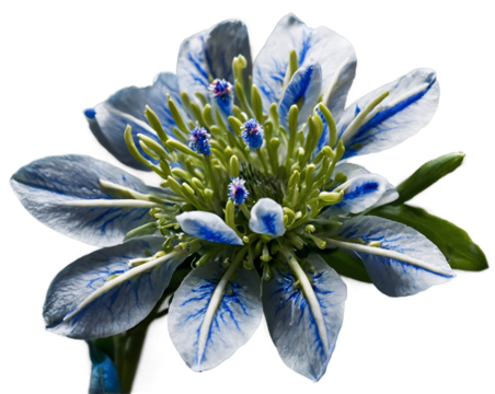 Captivating floral arrangement showcasing the delicate beauty of a blue and white flower, adorned with intricate patterns and textures, illuminated against a deep setting