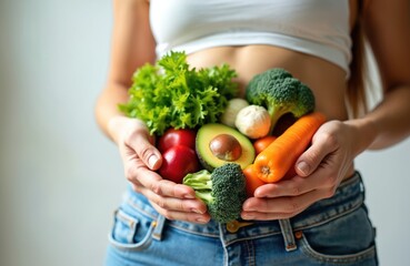 Woman holds mix healthy foods representing gut flora, probiotics. Hands with fresh vegetables broccoli avocado tomato carrot. Digestive health microbiome concept. Promote gut health, improve wellness.
