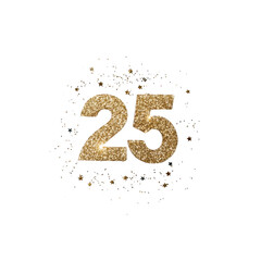 A Golden glittery number 25 with sparkling confetti on transparency background, celebrating special occasion or anniversary
