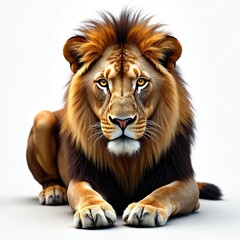 Fototapeta premium Majestic illustration of lion lying down with piercing gaze. King of beasts on white background. Detailed portrait, perfect for graphic design, zoo, safari projects. Conceptual art uses, wild animal