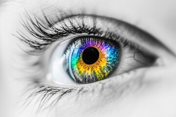 Macro Close-up of a Human Eye with Colorful Iris and Long Eyelashes in Black and White Photography
