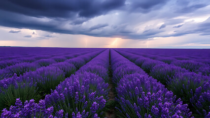 Obraz premium Endless Lavender Fields Under Stormy Sky Lightning Glow