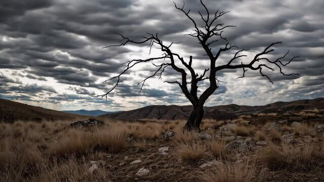 Dramatic clouds over deserted landscape with lonely tree capturing time and atmosphere