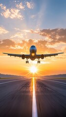 Fototapeta premium Exclusive Flight Tavel Experience. Airplane Landing at Sunset Over a Dramatic Sky and Runway