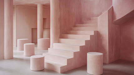 minimalist interior features geometric shapes with soft pastel tones, including staircase and cylindrical columns, creating serene and modern atmosphere