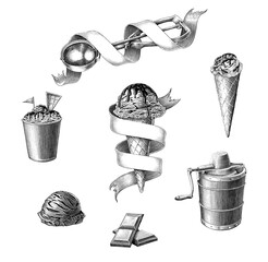 Ice cream collection hand draw vintage engraving style black and white clip art
