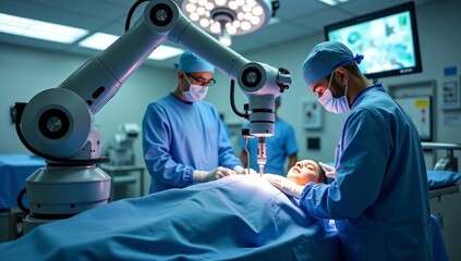 Surgeons Observing High-Precision Programmable Automated Robot Arms Operating Patient In High-Tech Hospital. Robotic Limbs Performing Complicated Nanosurgery, Doctors Looking At Vitals On Monitor