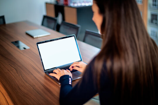 Rear view of a professional woman using her laptop in a modern office and working