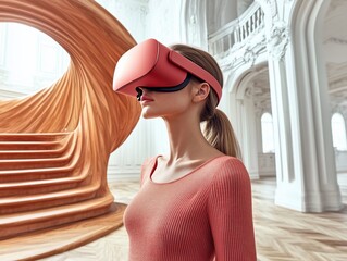 Woman wearing red VR headset in elegant interior.