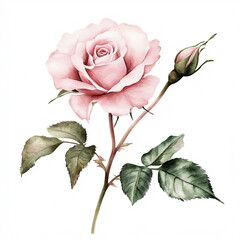 Obraz premium A delicate pink rose watercolor painting with soft petals and green leaves.