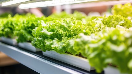 Hydroponic Lettuce Farm: Rows of Lush Green Lettuce Growing Under Artificial Lights