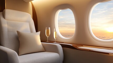 Exclusive Flight Tavel Experience. Cozy Private Jet Interior with Stunning Sunset View and Drinks