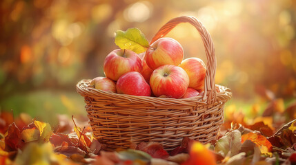 Basket of Fresh Apples in Autumn Leaves at Sunset