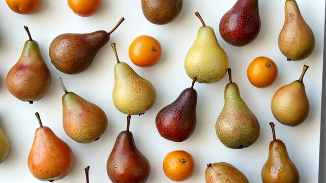 Colorful pears and clementines on white background
