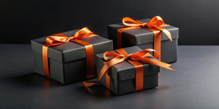 Elegant dark-colored gift boxes with vibrant orange ribbons, signifying a special occasion or celebration, arranged on a sleek dark surface.