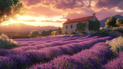 Beautiful lavender field with long purple rows, Generative AI