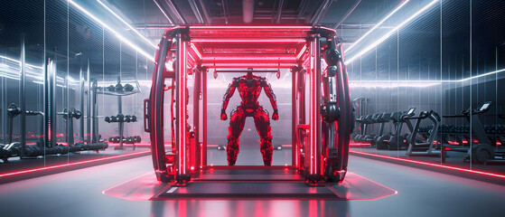 Futuristic gym with a robotic figure glowing with red neon light. An ideal aesthetic for science fiction projects or gym themed videos. A futuristic design can be adapted to game backgrounds.