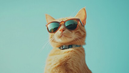 Cool Cat with Sunglasses Against Blue Background, Portrait of Domestic Feline, Kitten with Collar
