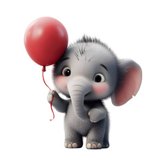 A Fluffy 3D Cartoon Baby Elephant Holding a Soft Balloon Isolated on Transparent Background