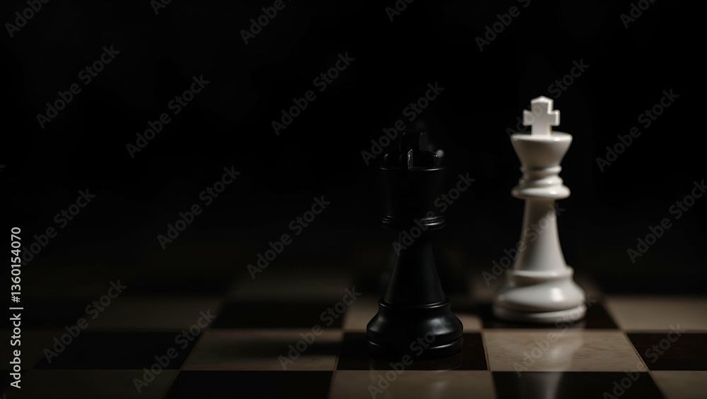 Poster king and knight chess setup on dark background: strategic roles of chess pieces highlighted in stock