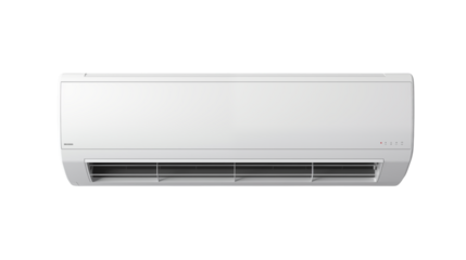 A white air conditioner unit mounted on a dark background
