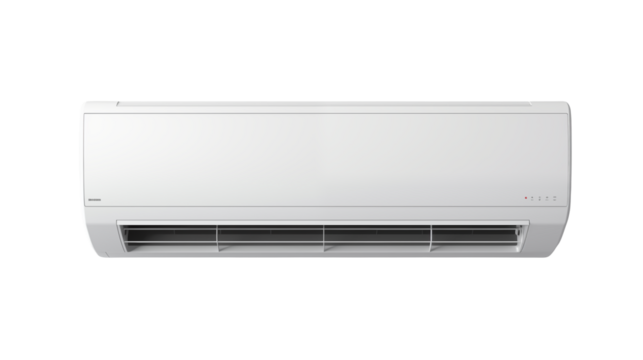 A white air conditioner unit mounted on a dark background