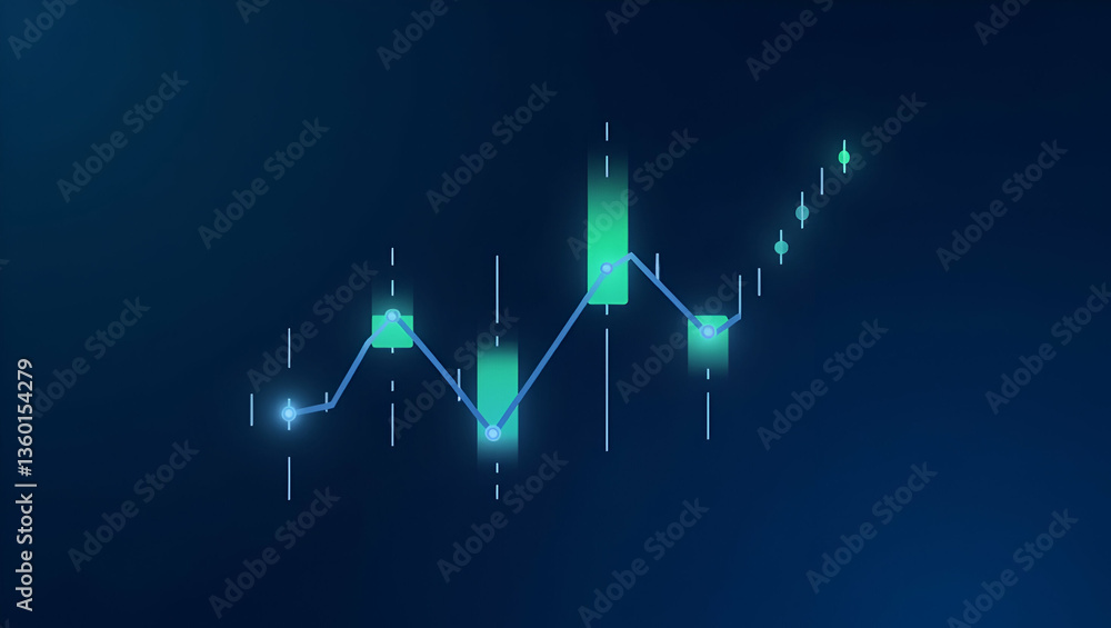 Poster flat stock market candlestick graph: visualizing investment trading data with bullish trends on a bl