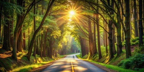 Obraz premium Sunbeams Illuminate a Winding Road Through a Lush Green Forest
