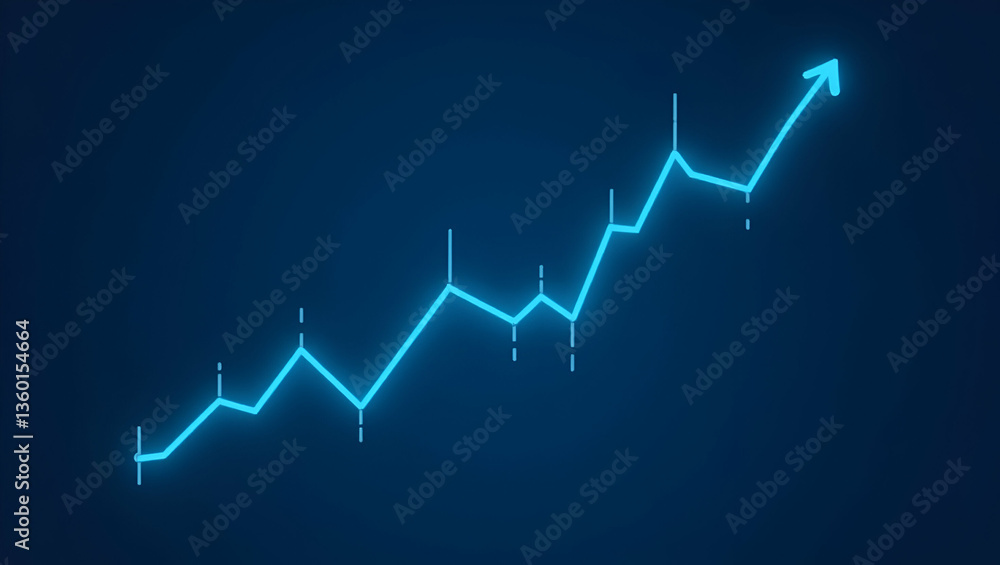Poster flat stock market candlestick graph: visualizing investment trading data & bullish trends on a blue 