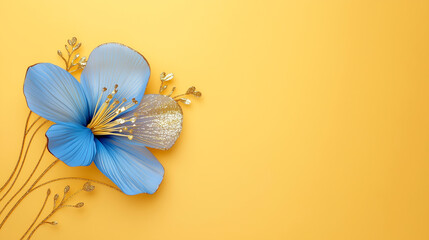 Obraz premium Beautiful blue flower with golden details on bright yellow background creating an elegant decorative piece