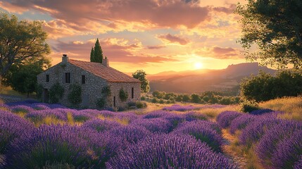 Beautiful lavender field with long purple rows, Generative AI