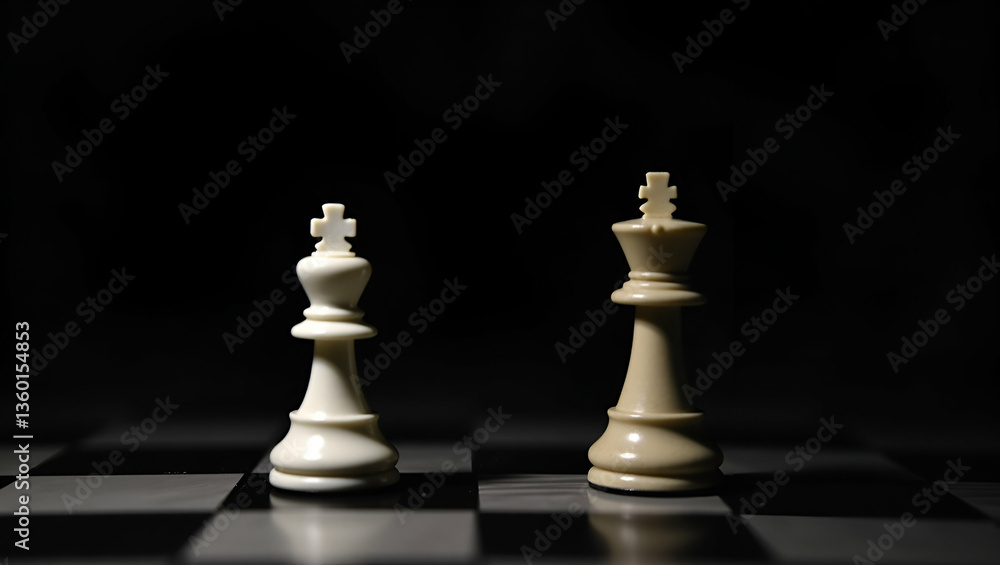 Poster king and knight of chess setup on dark background . concept as chess pieces king and knight on dark 