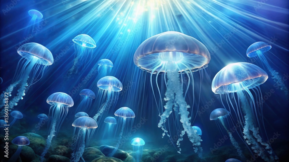 Poster mesmerizing underwater scene with a group of luminescent jellyfish gracefully floating through sunli
