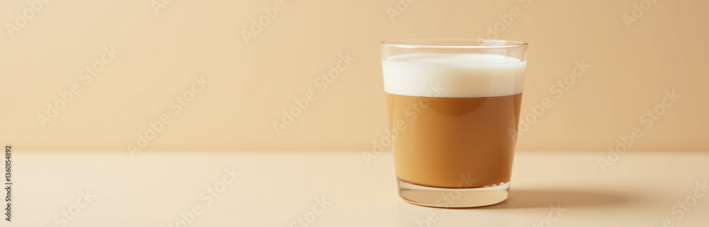 Poster a photograph of a latte in a glass on a light beige background, presented from the front perspective