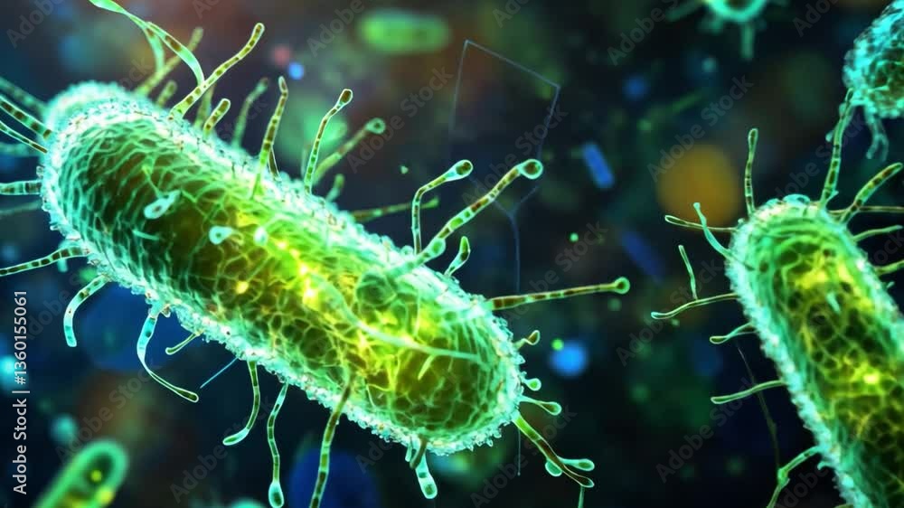 Aufkleber vibrant microscopic view of bacteria with glowing greenish features, abstract science background rep