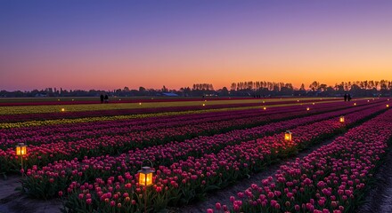 Fototapeta premium Romantic Tulip Fields at Sunset, Lit by Warm Lanterns