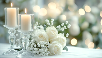 Obraz premium Silver Candlesticks with Lit Candles Surrounded by White Flowers for Passover Pesach Celebration. Copy space
