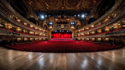 Obraz premium Opulent Empty Theater with Red Velvet Seats and Gleaming Wooden Floor