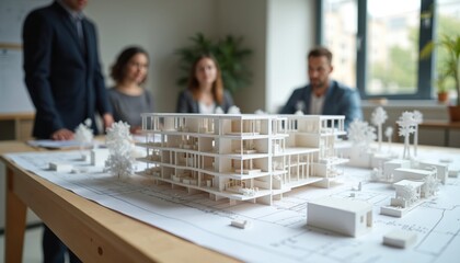 Business team meeting near construction model in office. Architect, engineers and investors discuss project details. Modern company work on building plan for urban development and real estate.