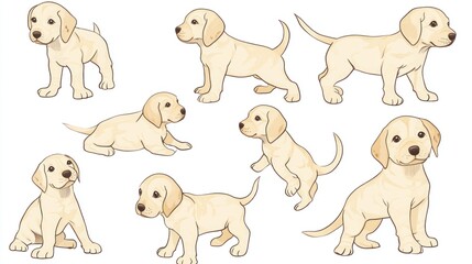 Adorable illustrations of playful young dogs in various poses