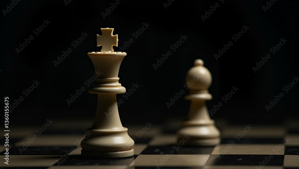 Poster king and knight of chess setup on dark background . concept as chess pieces king and knight on dark 