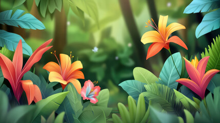 Vivid tropical rainforest scene with exotic flowers, lush green foliage, and serene atmosphere, showcasing vibrant orange and pink blooms amidst dense vegetation
