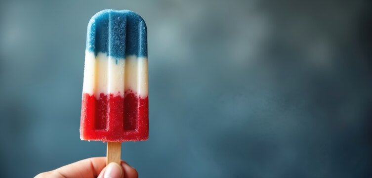 Hand holds red white blue homemade popsicle. Patriotic theme for 4th of July celebration. Layered, refreshing summer treat. Cold dessert refreshment for party holiday or snack.