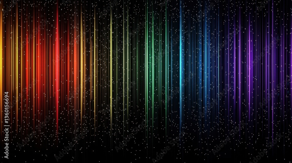 Poster vibrant rainbow lines radiating vertically, sparkling with tiny luminous dots dancing across deep mi