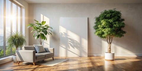 Sunlit Modern Living Room with Blank Canvas and Greenery