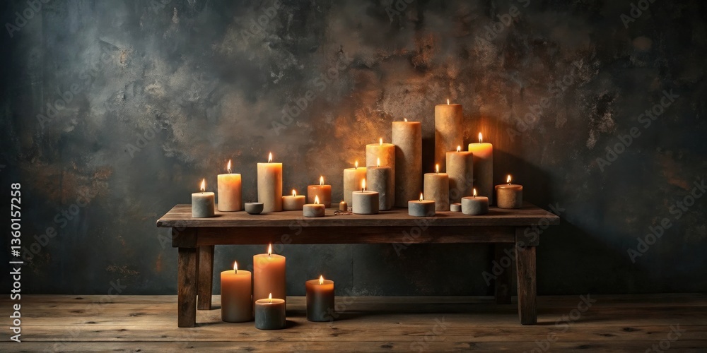 Poster Rustic wooden table with many lit candles of various sizes and shades creating a warm and inviting ambiance