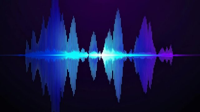 Dynamic audio waveform pulsating with vibrant blue and purple neon glows